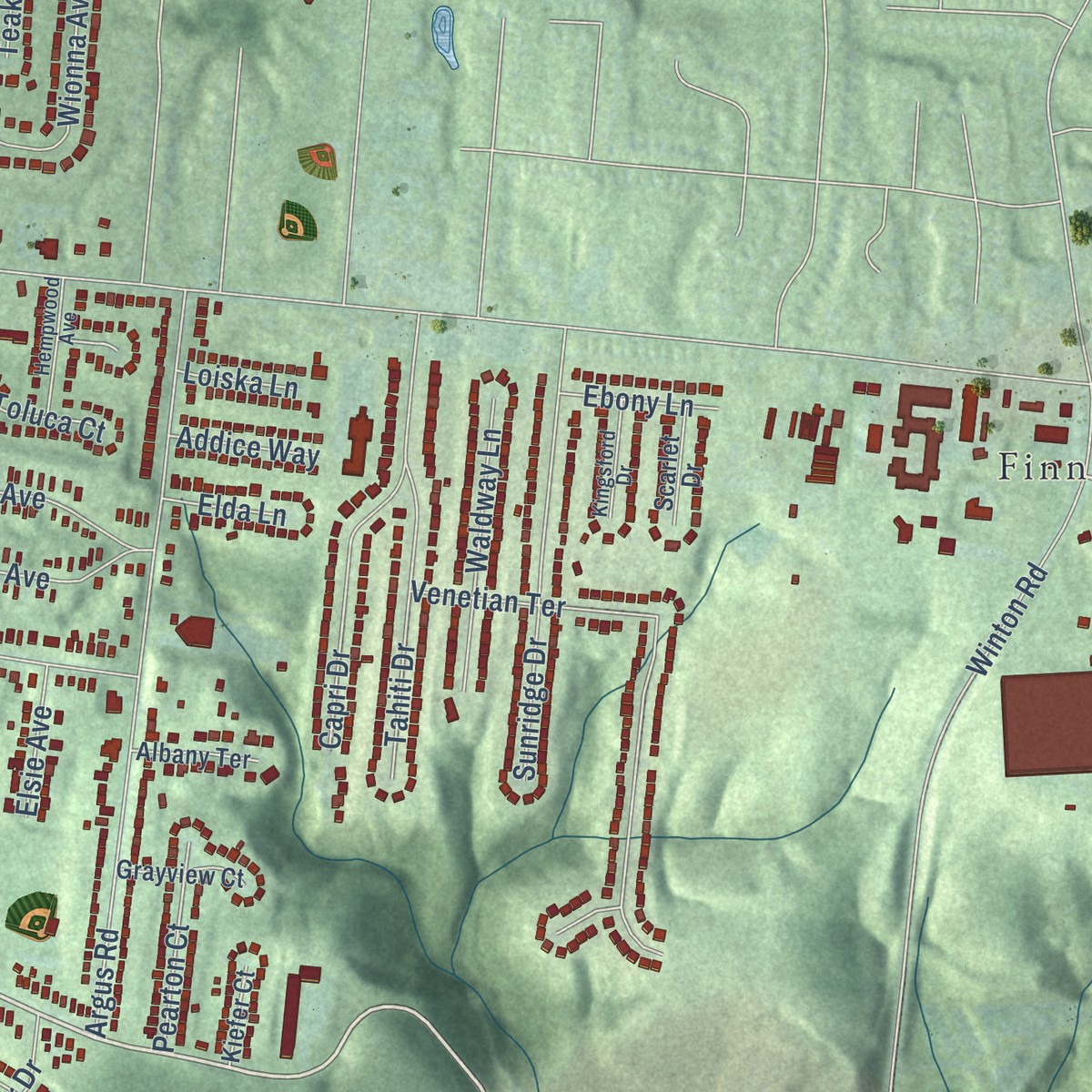 Second close-up of the map of College Hill, Ohio print showing more streets and buildings