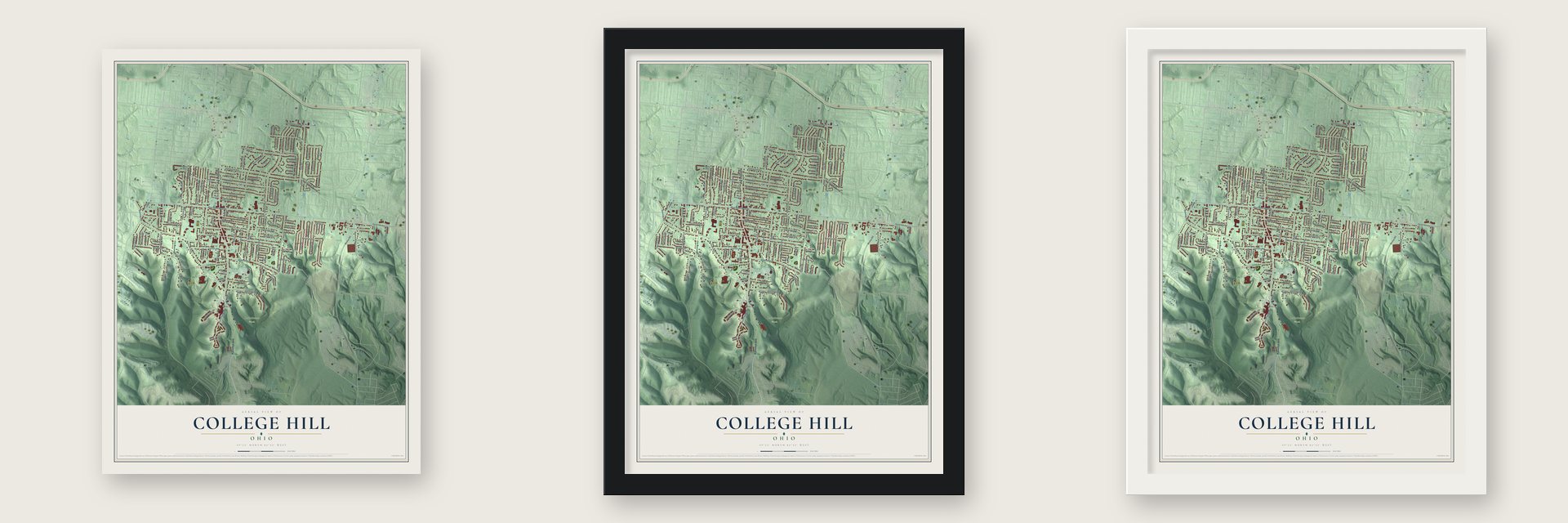College Hill, Ohio map unframed, in a black wood frame and in a white wood frame