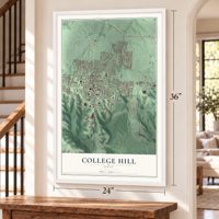 College Hill, Ohio map, 24 x 36 inch print in a white frame by a staircase