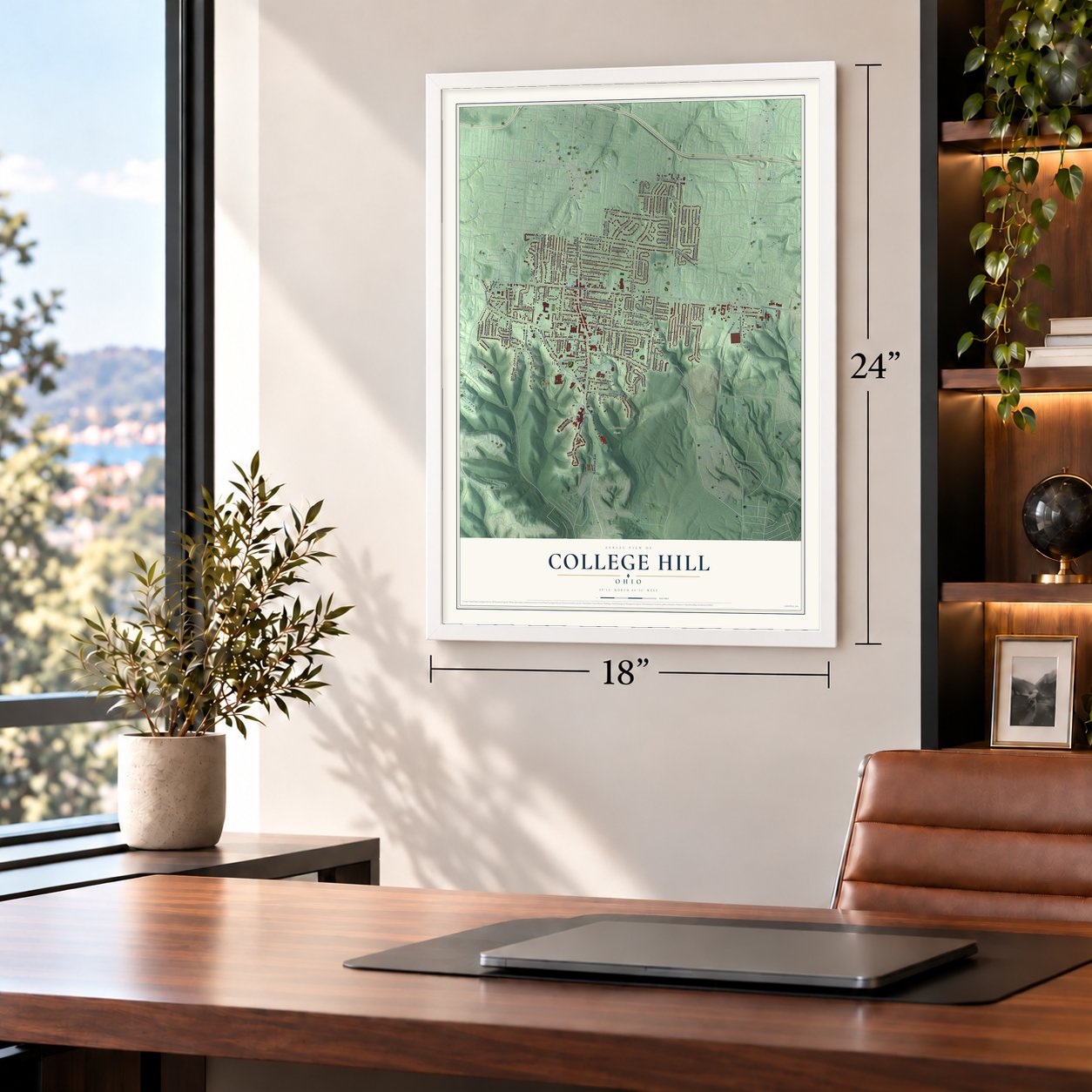 College Hill, Ohio map, 18 x 24 inch print in a white frame in a home office