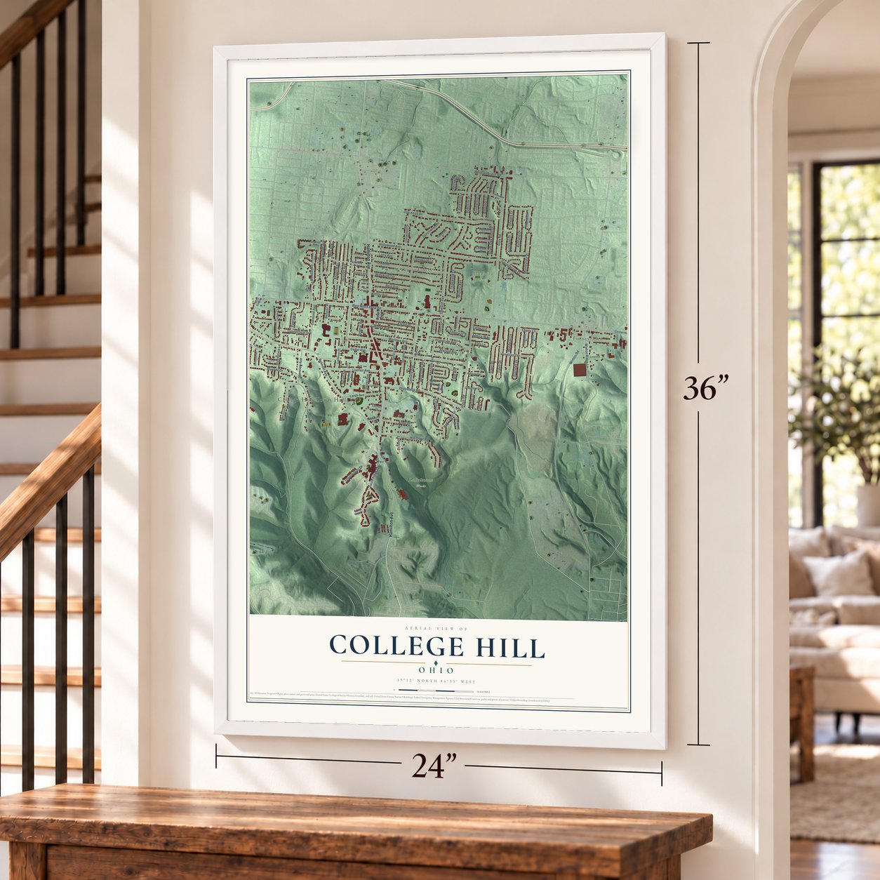 College Hill, Ohio map, 24 x 36 inch print in a white frame by a staircase