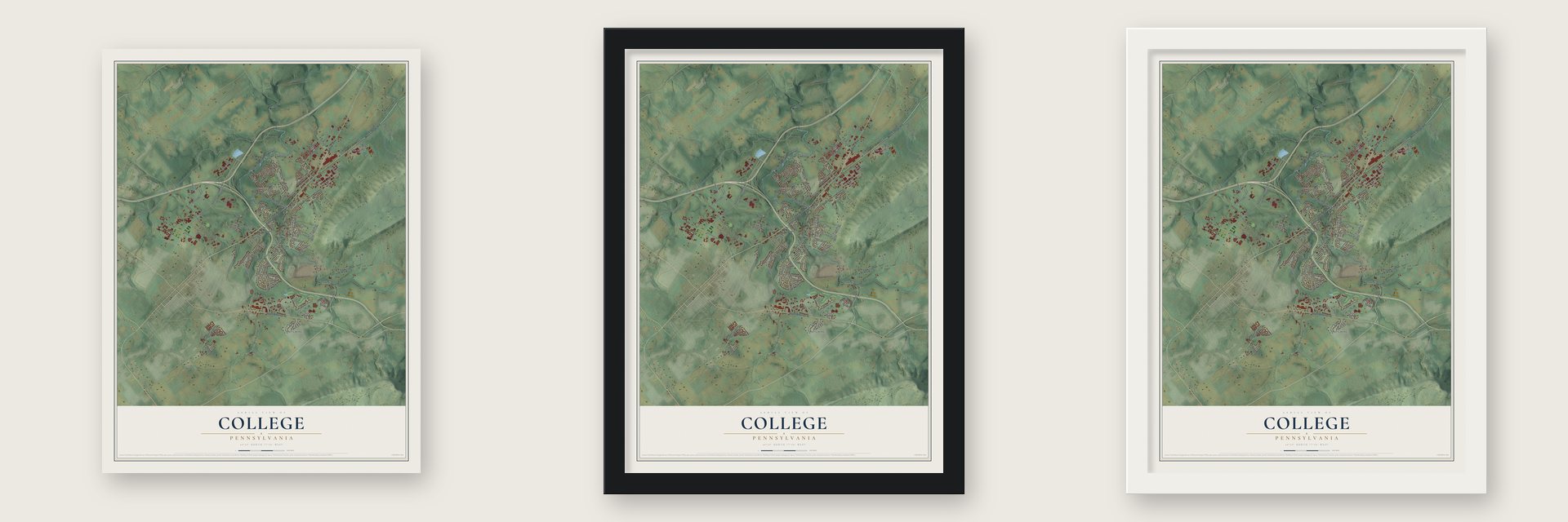 College, Pennsylvania map unframed, in a black wood frame and in a white wood frame