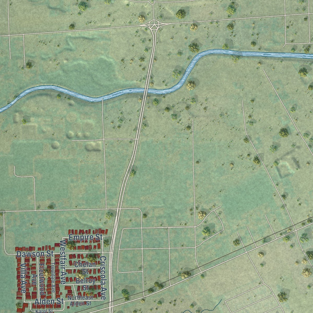 Second close-up of the map of College Place, Washington print showing more streets and buildings