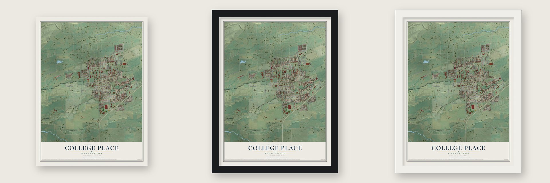 College Place, Washington map unframed, in a black wood frame and in a white wood frame