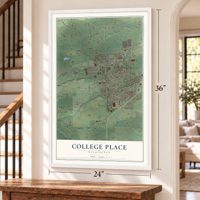 College Place, Washington map, 24 x 36 inch print in a white frame by a staircase