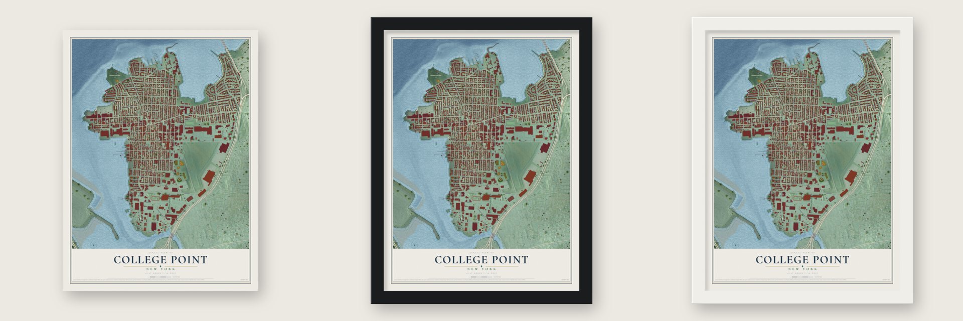 College Point, New York map unframed, in a black wood frame and in a white wood frame