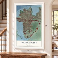 College Point, New York map, 24 x 36 inch print in a white frame by a staircase