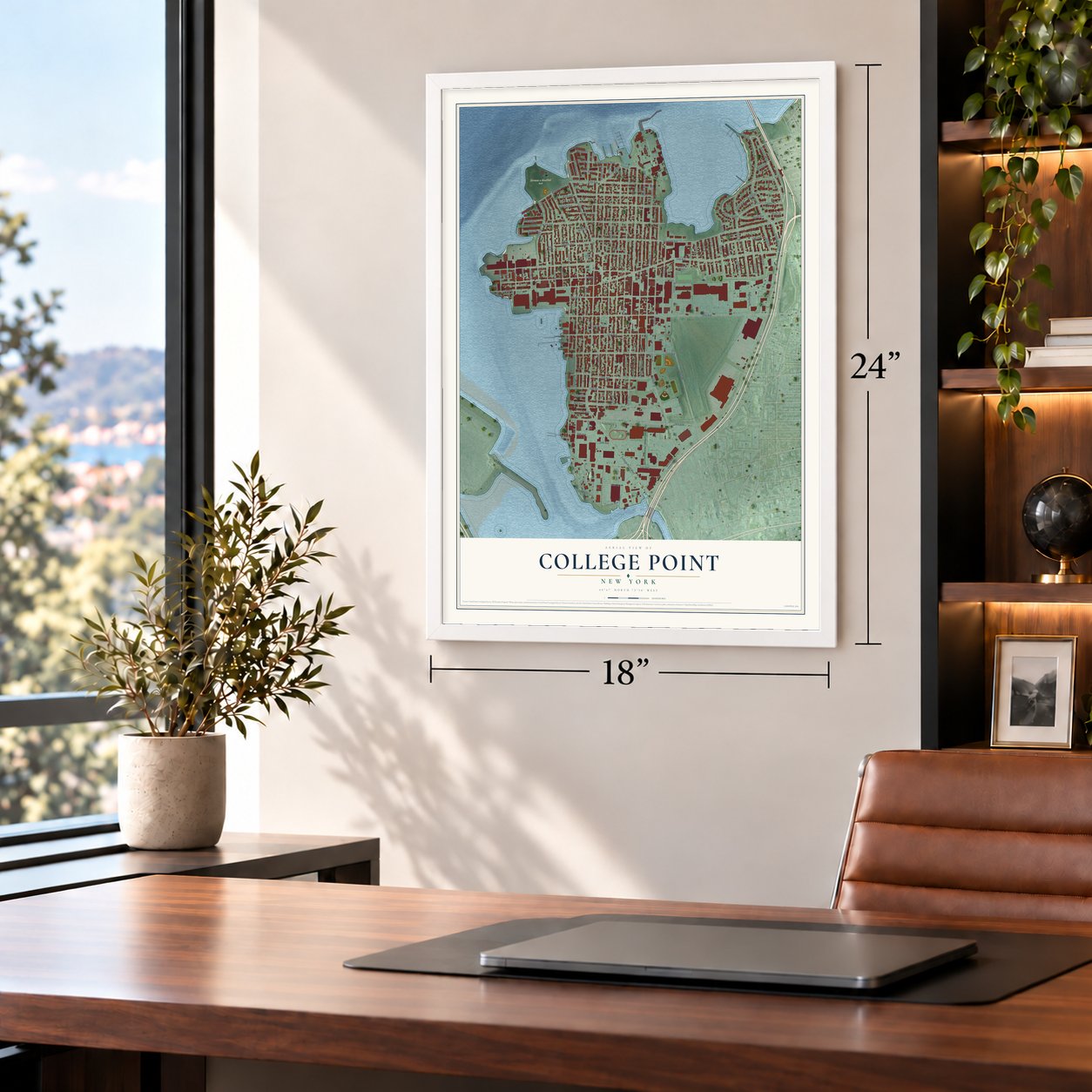 College Point, New York map, 18 x 24 inch print in a white frame in a home office