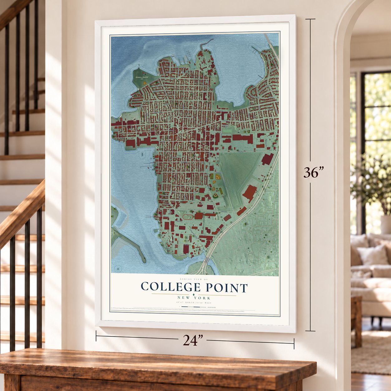 College Point, New York map, 24 x 36 inch print in a white frame by a staircase