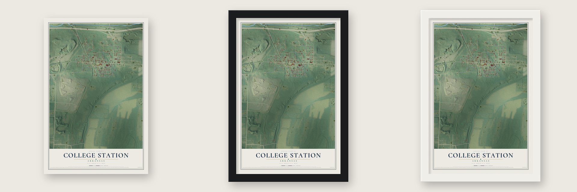College Station, Arkansas map unframed, in a black wood frame and in a white wood frame