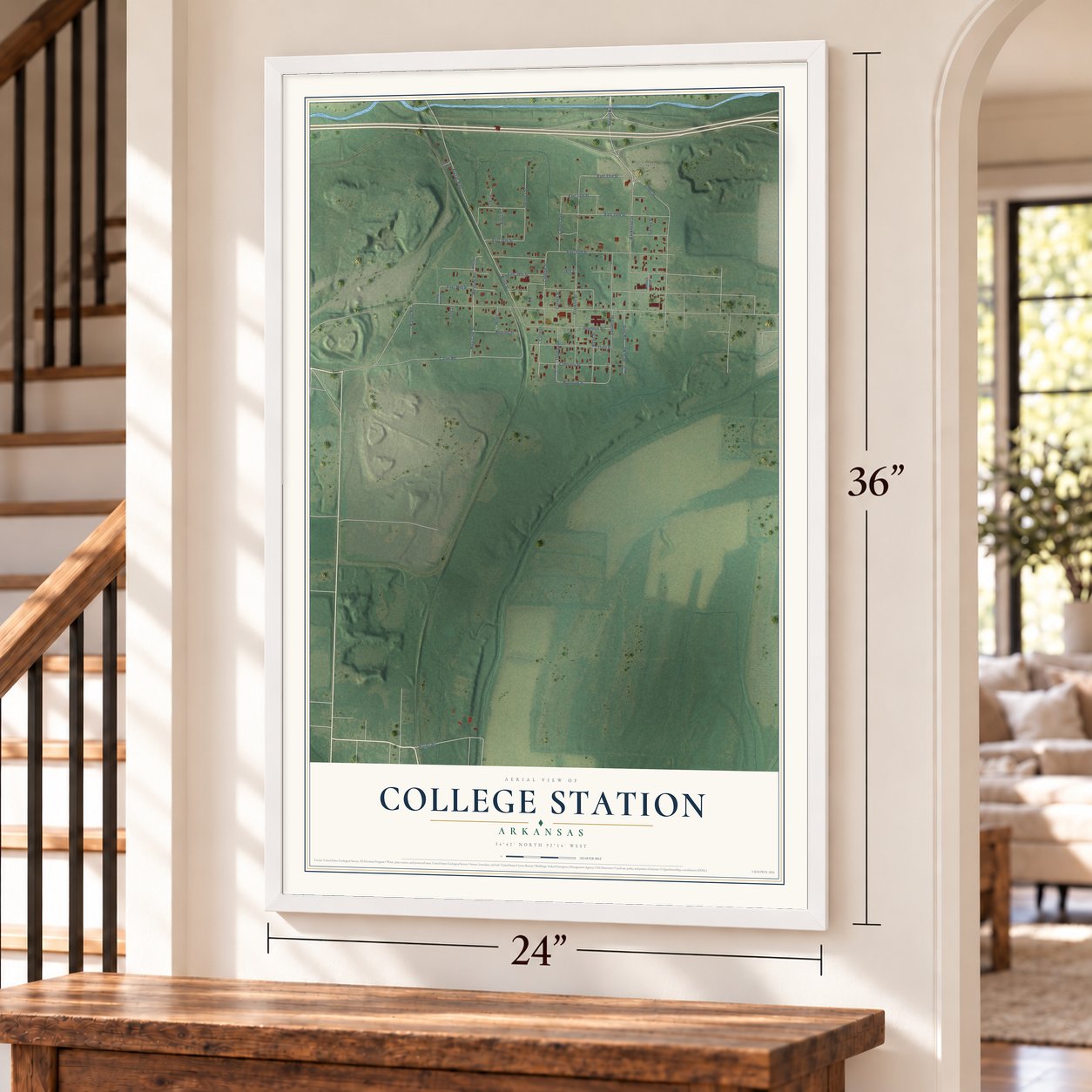 College Station, Arkansas map, 24 x 36 inch print in a white frame by a staircase