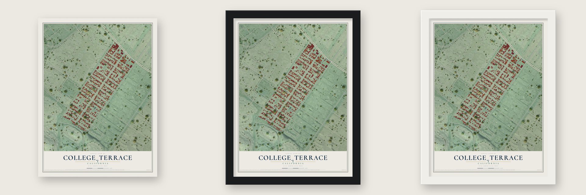 College_Terrace, California map unframed, in a black wood frame and in a white wood frame