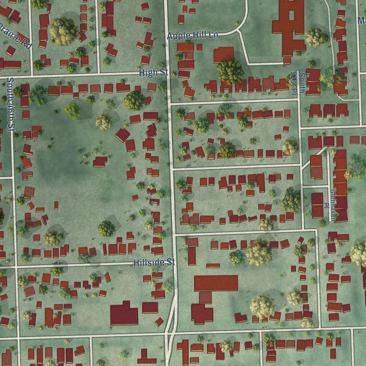 Second close-up of the map of College View, Nebraska print showing more streets and buildings