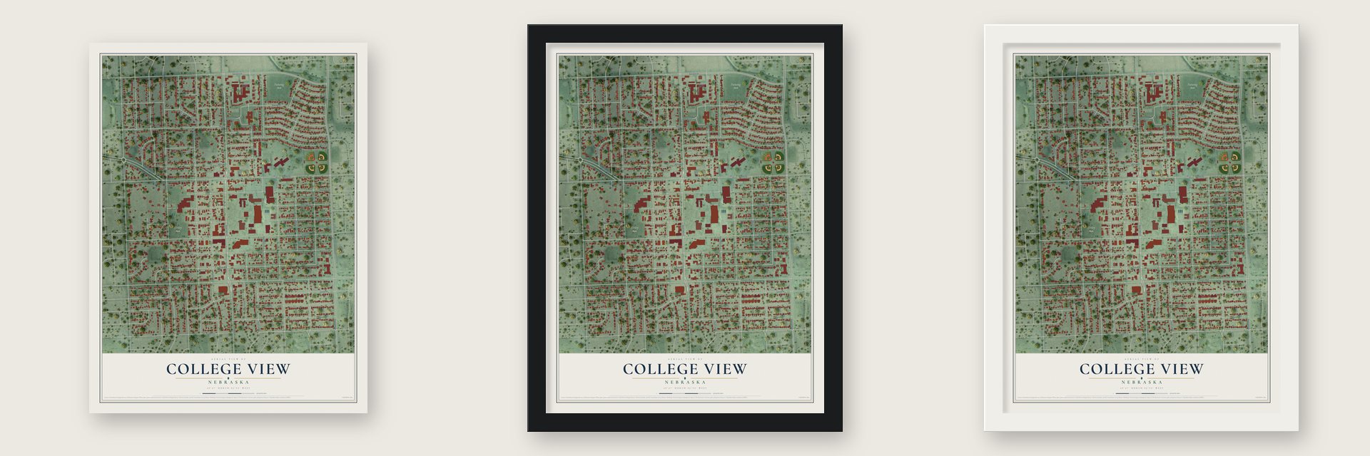 College View, Nebraska map unframed, in a black wood frame and in a white wood frame