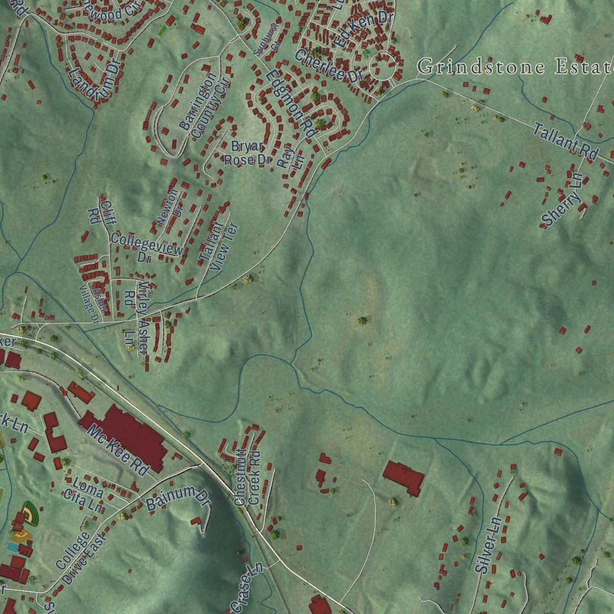 Second close-up of the map of Collegedale, Tennessee print showing more streets and buildings