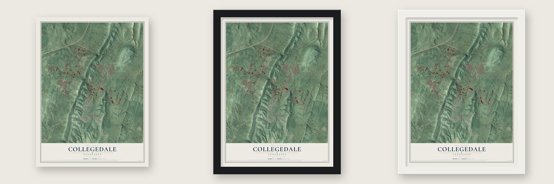 Collegedale, Tennessee map unframed, in a black wood frame and in a white wood frame