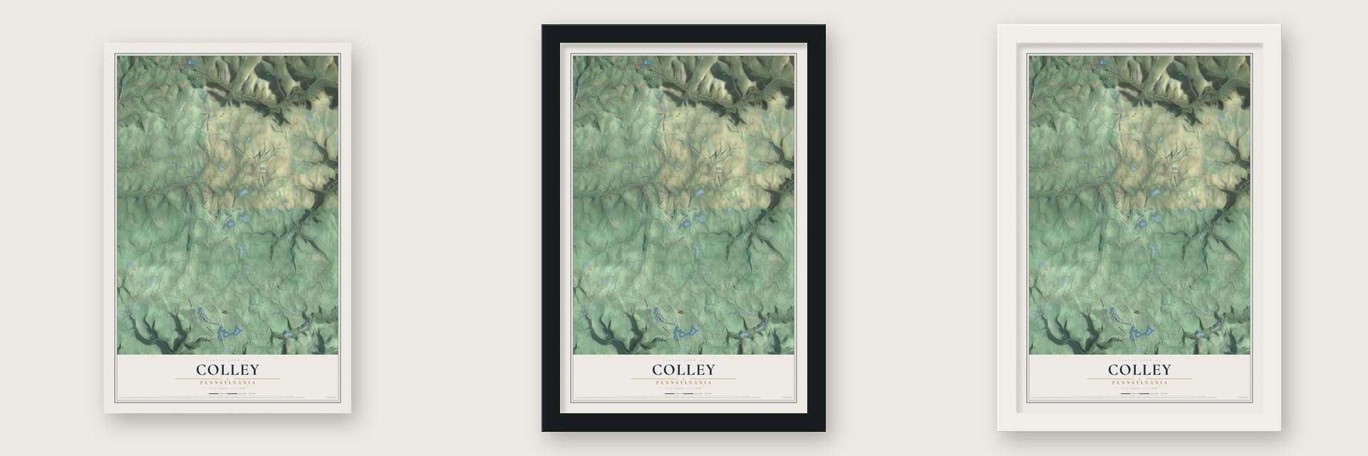 Colley, Pennsylvania map unframed, in a black wood frame and in a white wood frame