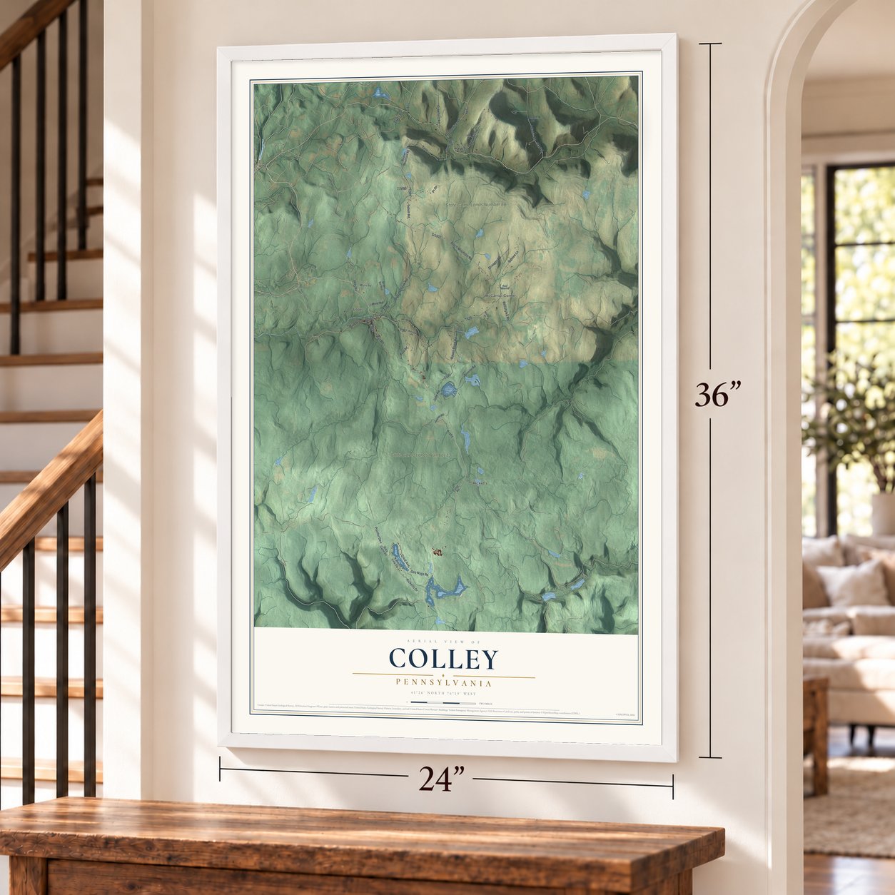 Colley, Pennsylvania map, 24 x 36 inch print in a white frame by a staircase