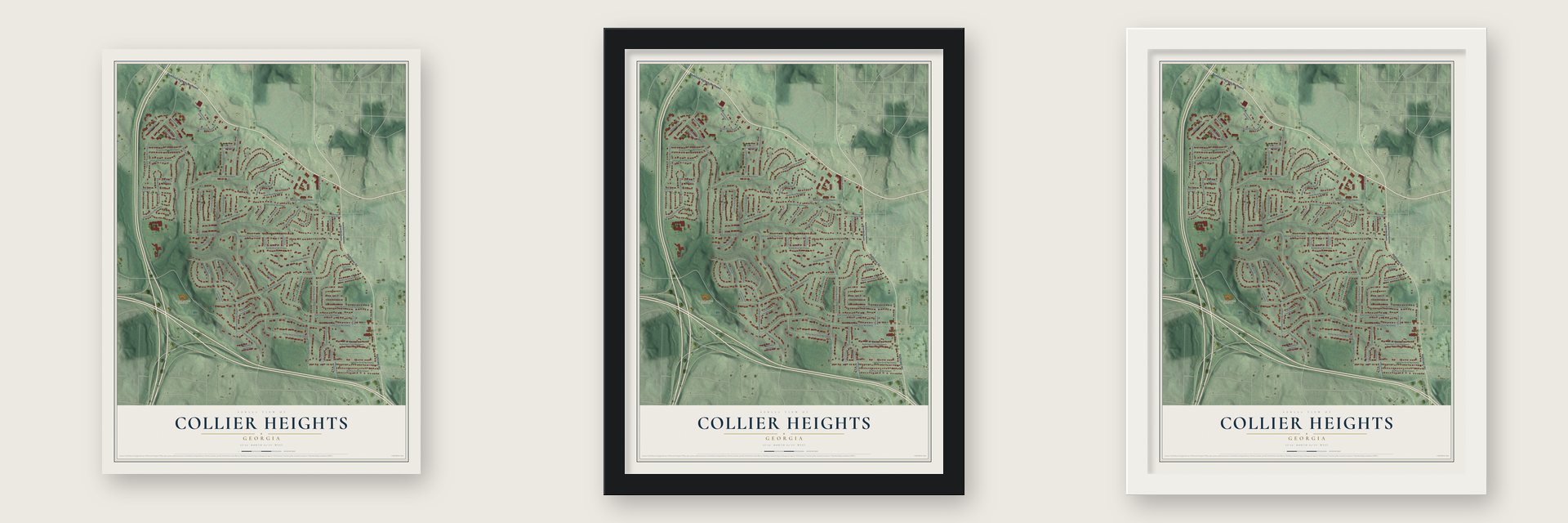 Collier Heights, Georgia map unframed, in a black wood frame and in a white wood frame