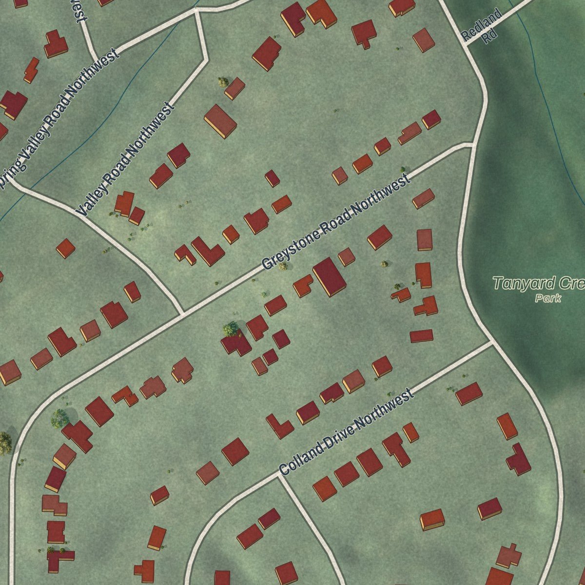 Second close-up of the map of Collier Hills, Georgia print showing more streets and buildings
