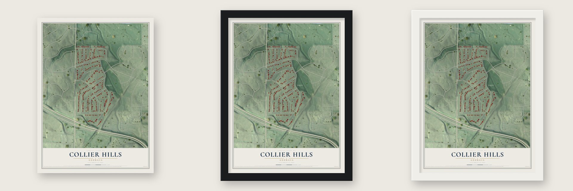 Collier Hills, Georgia map unframed, in a black wood frame and in a white wood frame