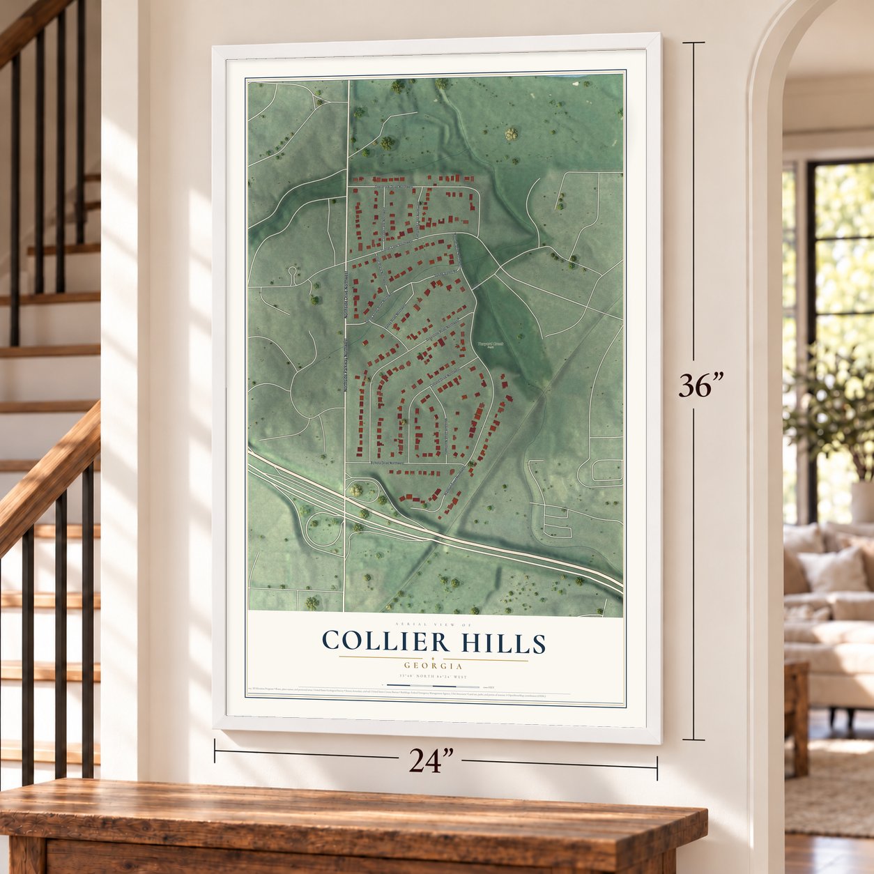 Collier Hills, Georgia map, 24 x 36 inch print in a white frame by a staircase