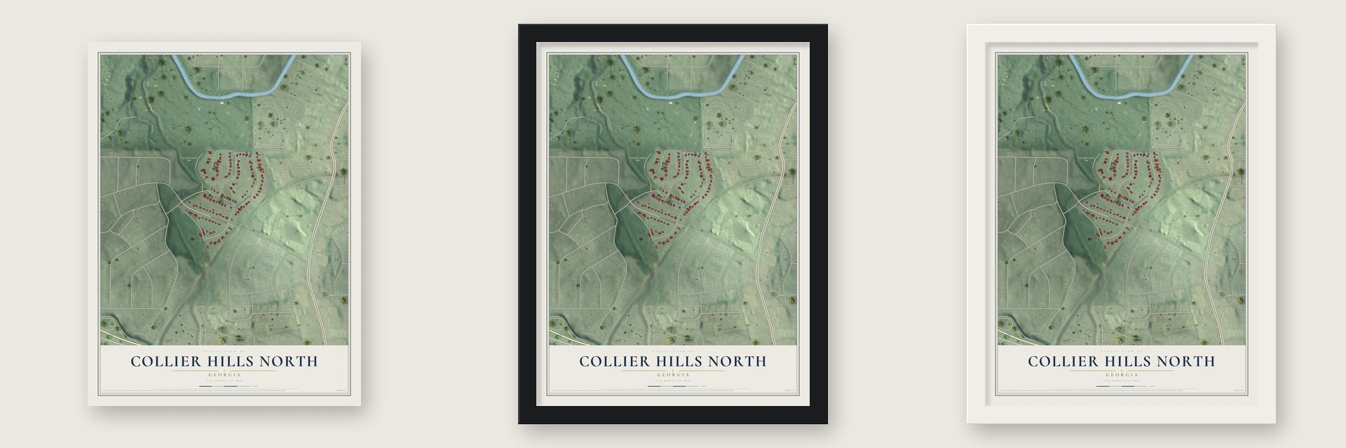 Collier Hills North, Georgia map unframed, in a black wood frame and in a white wood frame