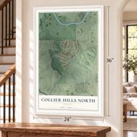 Collier Hills North, Georgia map, 24 x 36 inch print in a white frame by a staircase