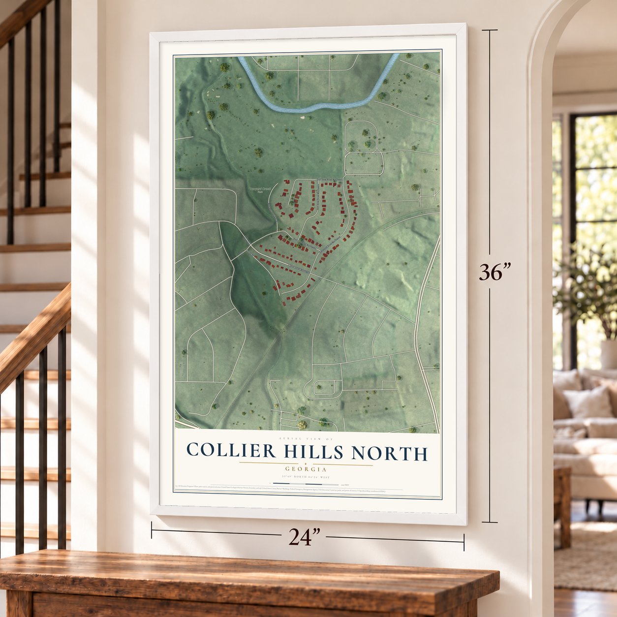 Collier Hills North, Georgia map, 24 x 36 inch print in a white frame by a staircase