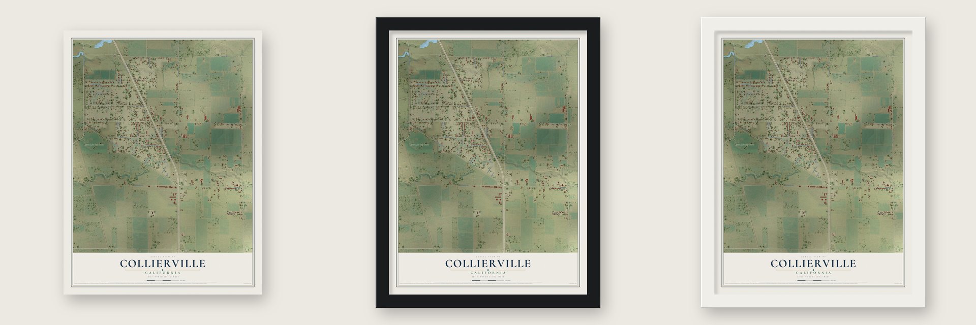 Collierville, California map unframed, in a black wood frame and in a white wood frame