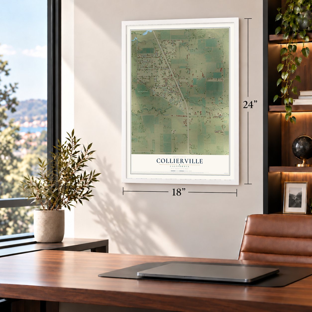 Collierville, California map, 18 x 24 inch print in a white frame in a home office