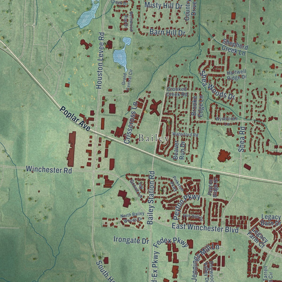 Second close-up of the map of Collierville, Tennessee print showing more streets and buildings