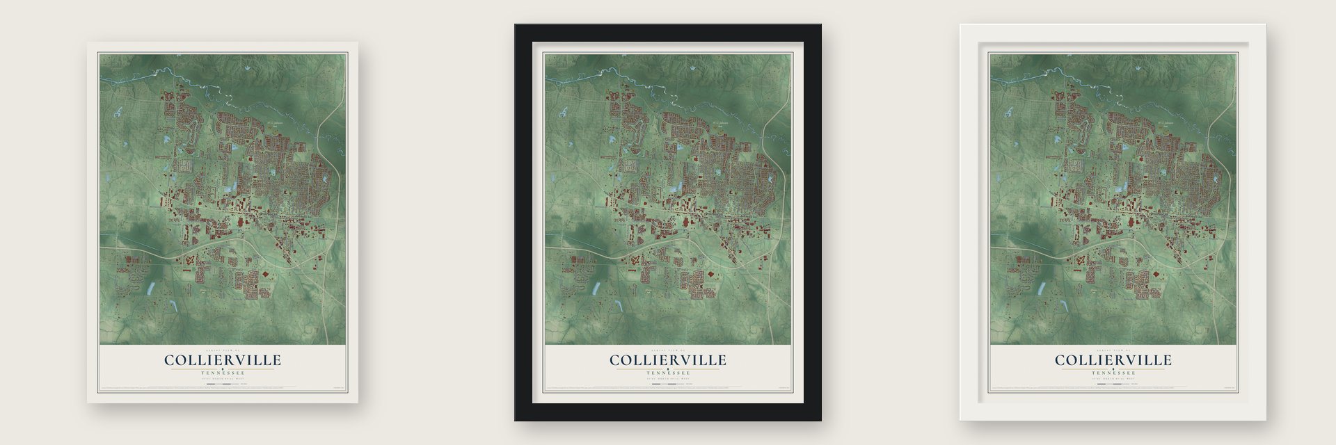 Collierville, Tennessee map unframed, in a black wood frame and in a white wood frame