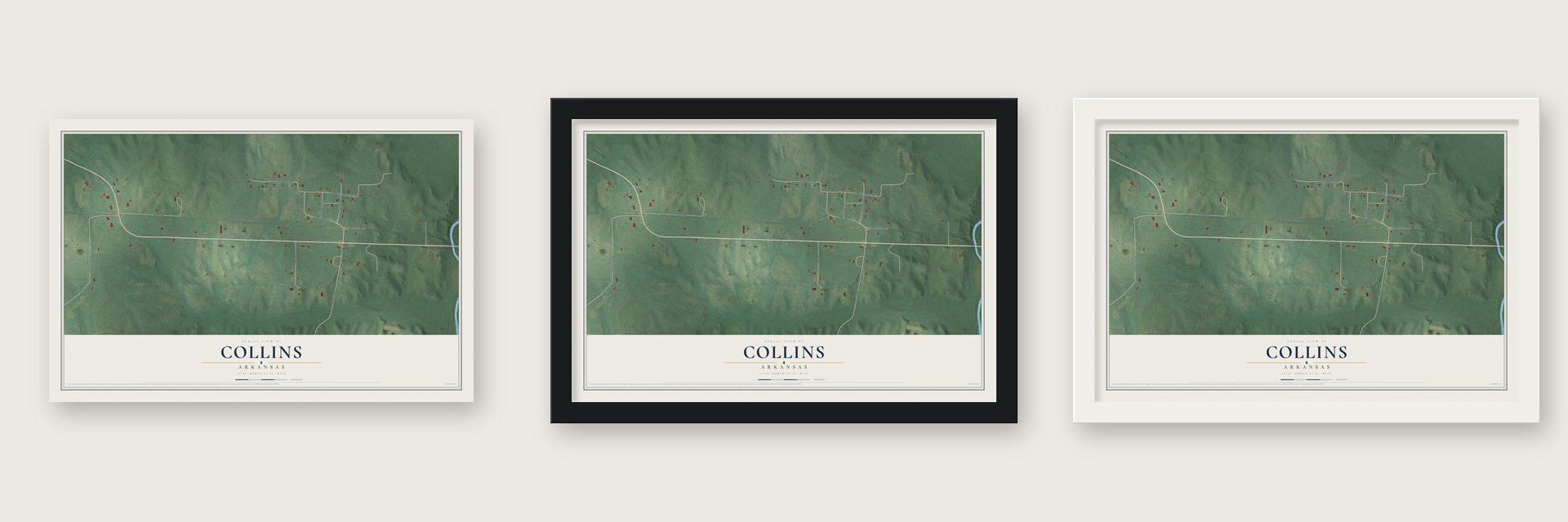 Collins, Arkansas map unframed, in a black wood frame and in a white wood frame