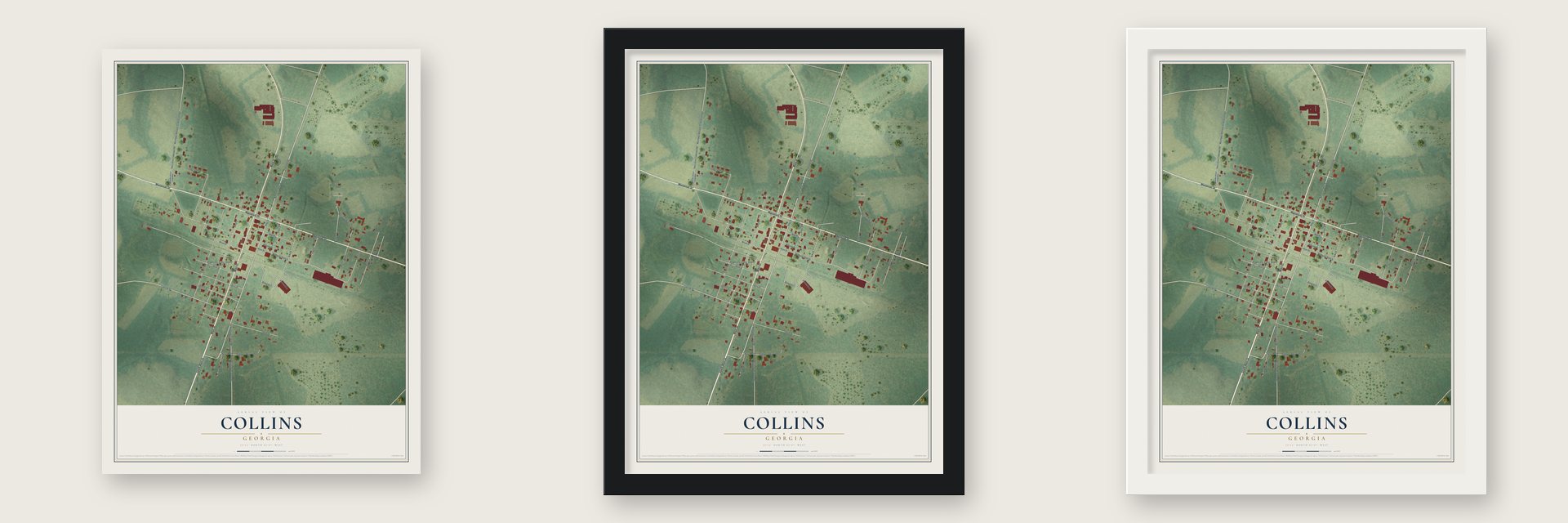 Collins, Georgia map unframed, in a black wood frame and in a white wood frame