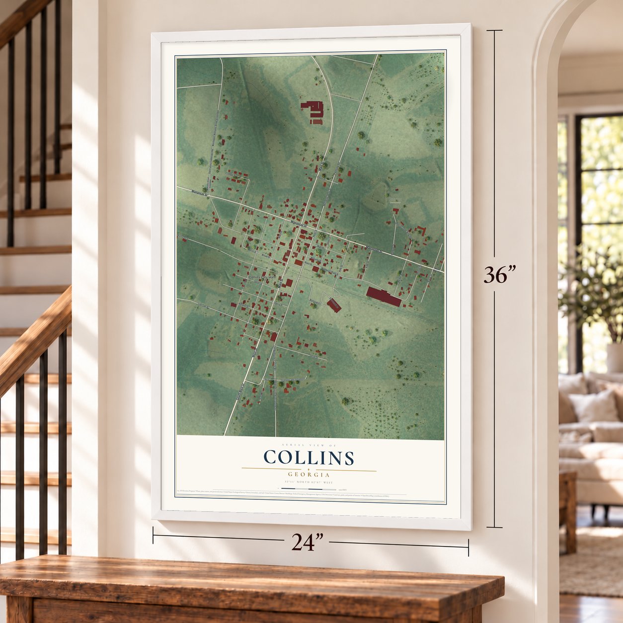 Collins, Georgia map, 24 x 36 inch print in a white frame by a staircase