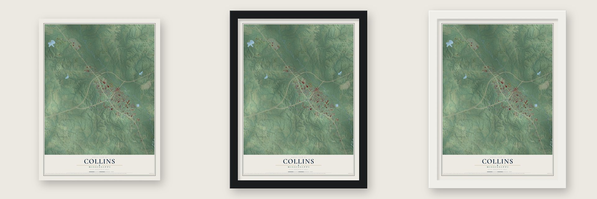 Collins, Mississippi map unframed, in a black wood frame and in a white wood frame
