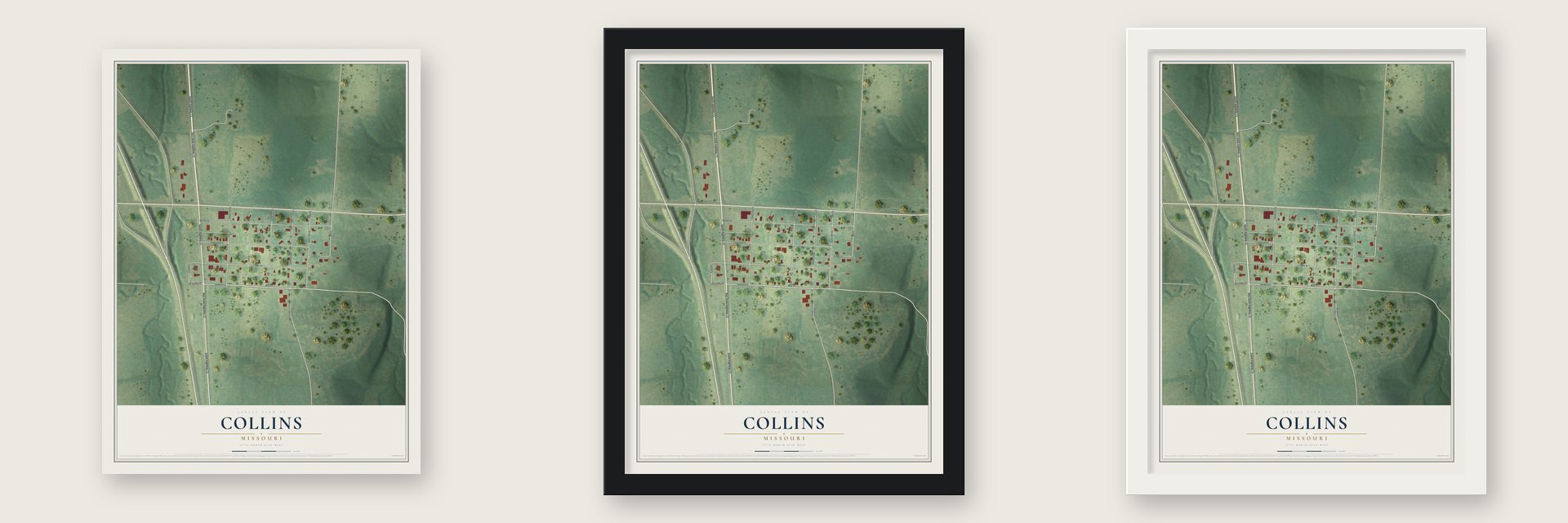 Collins, Missouri map unframed, in a black wood frame and in a white wood frame