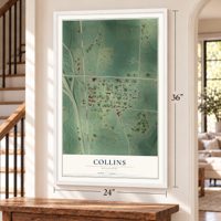Collins, Missouri map, 24 x 36 inch print in a white frame by a staircase