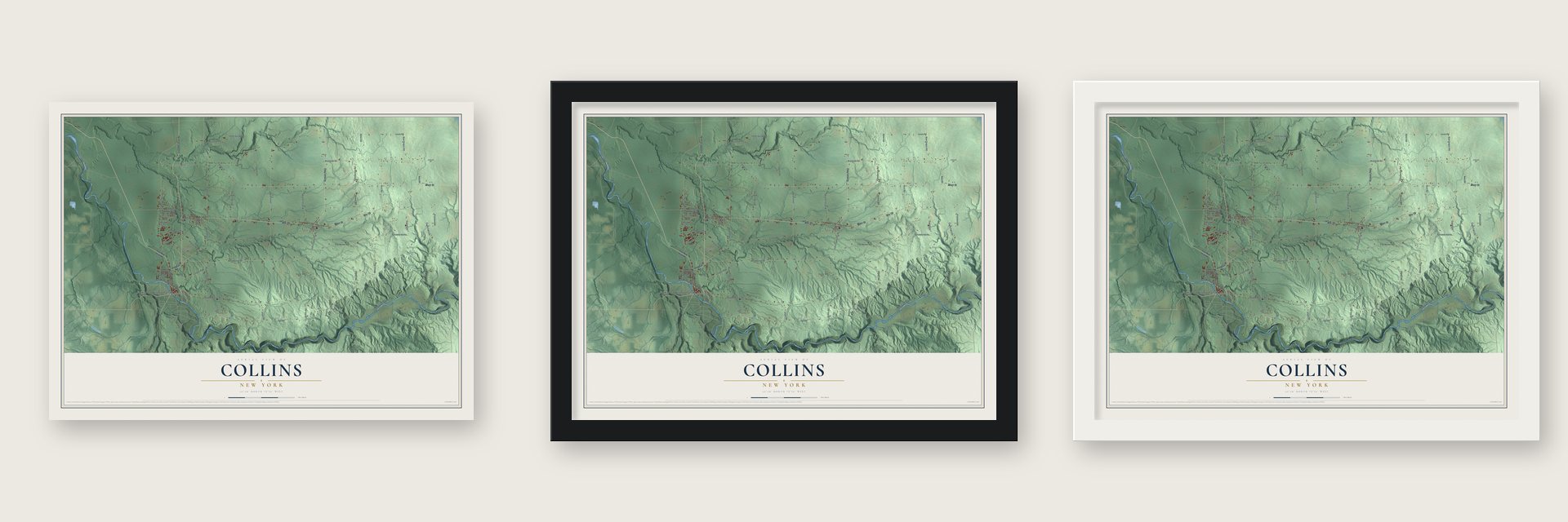 Collins, New York map unframed, in a black wood frame and in a white wood frame