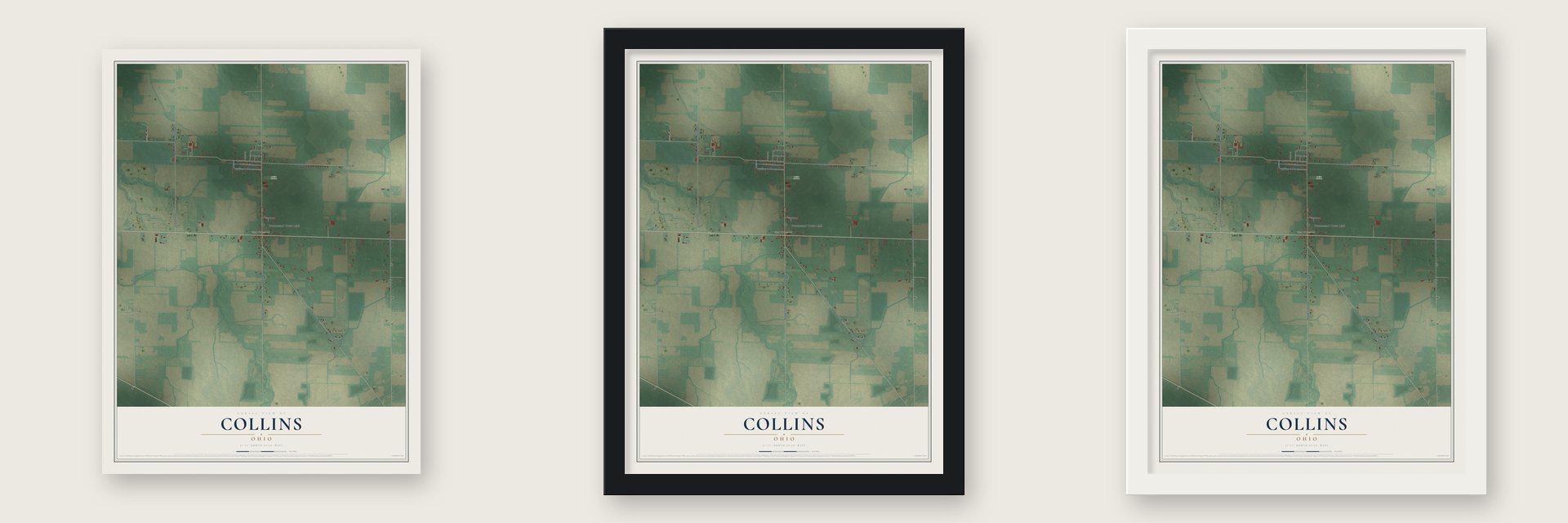 Collins, Ohio map unframed, in a black wood frame and in a white wood frame