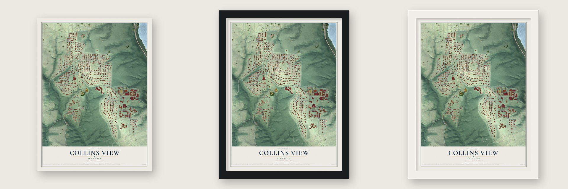 Collins View, Oregon map unframed, in a black wood frame and in a white wood frame