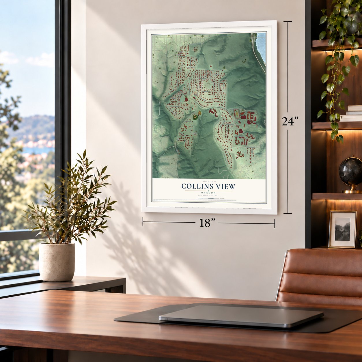 Collins View, Oregon map, 18 x 24 inch print in a white frame in a home office