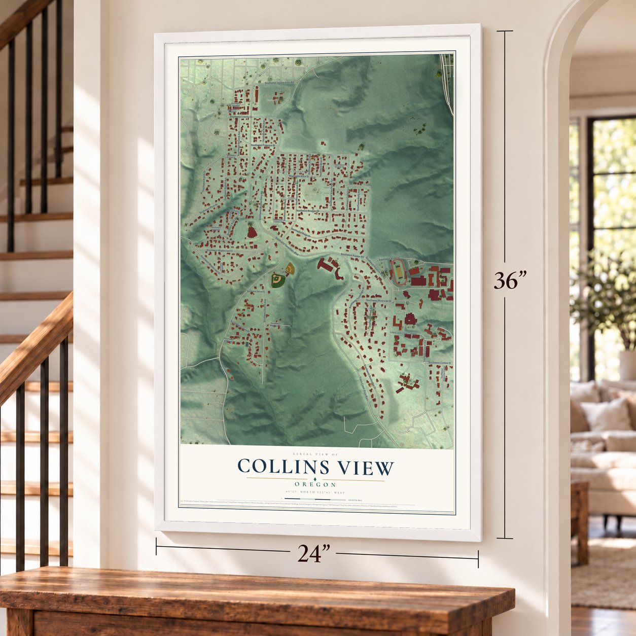 Collins View, Oregon map, 24 x 36 inch print in a white frame by a staircase