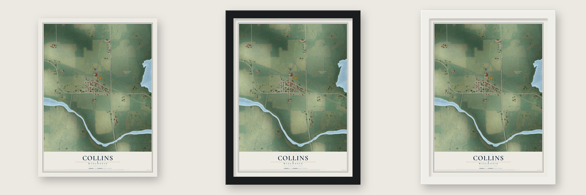 Collins, Wisconsin map unframed, in a black wood frame and in a white wood frame