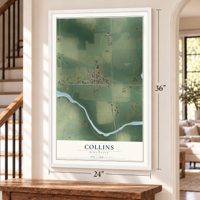 Collins, Wisconsin map, 24 x 36 inch print in a white frame by a staircase