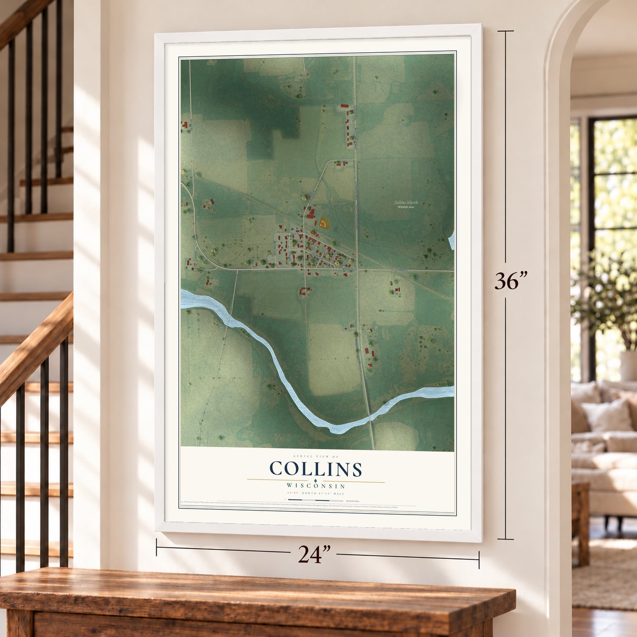 Collins, Wisconsin map, 24 x 36 inch print in a white frame by a staircase