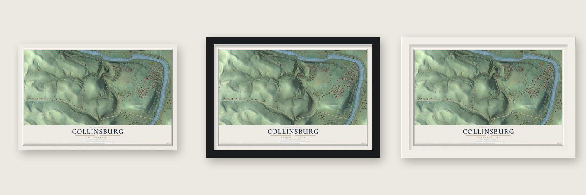 Collinsburg, Pennsylvania map unframed, in a black wood frame and in a white wood frame