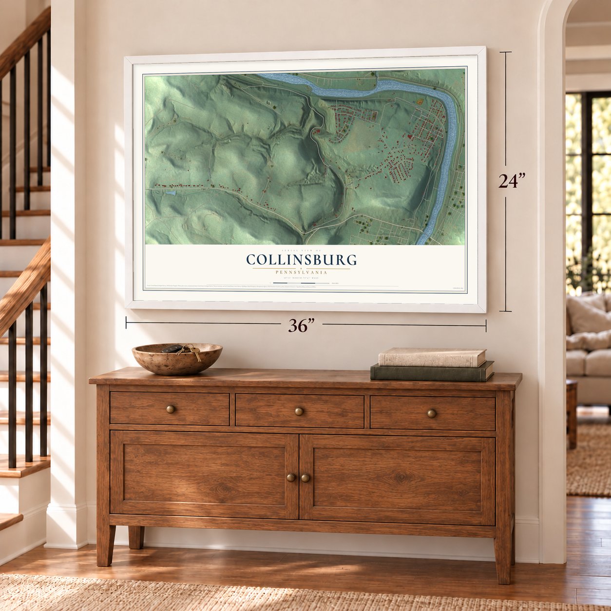 Collinsburg, Pennsylvania map, 24 x 36 inch print in a white frame above a dresser by a staircase
