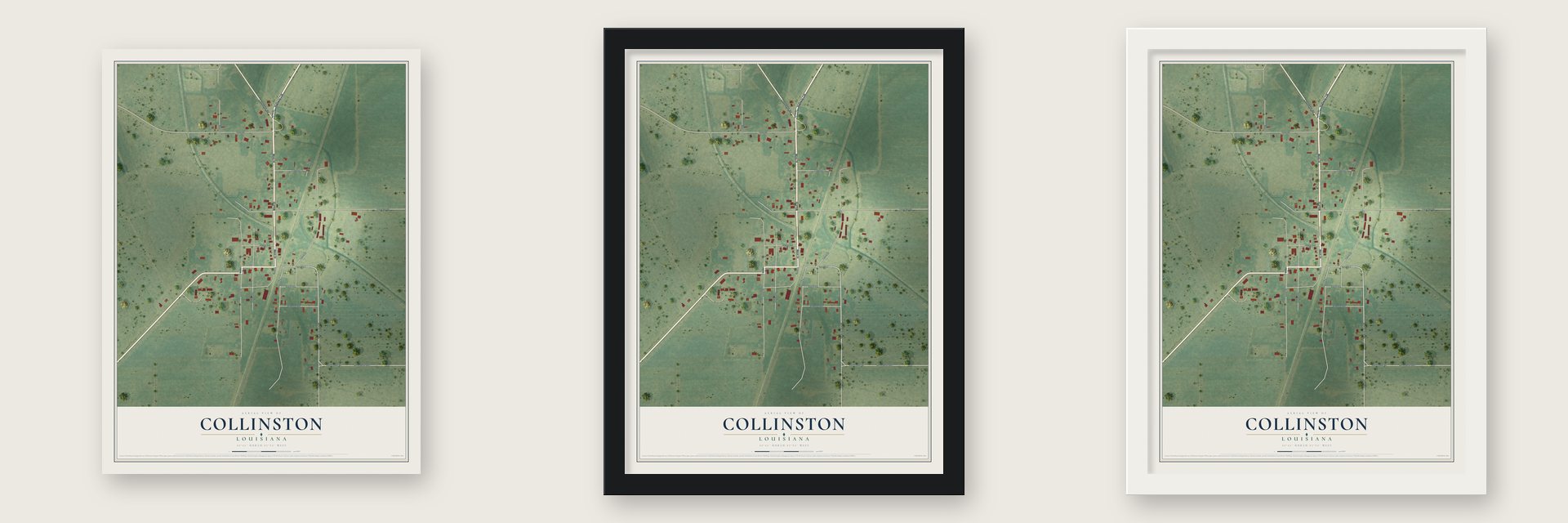 Collinston, Louisiana map unframed, in a black wood frame and in a white wood frame